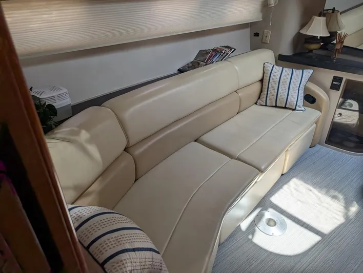 No Drama Yacht Photos Pics Luxurious interior of 2002 Regal Commodore 3860 yacht with beige leather seating.