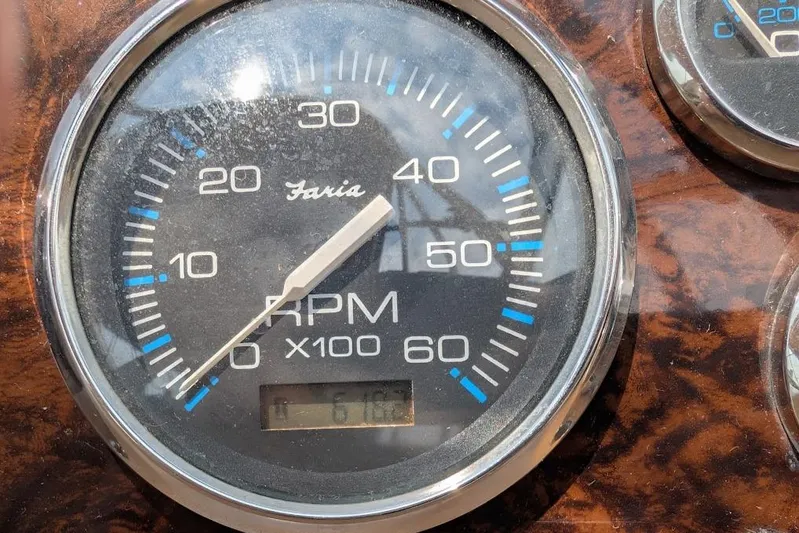 No Drama Yacht Photos Pics Close-up of a Faria RPM gauge on a 2002 Regal Commodore 3860 boat.