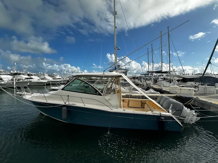  Yacht Photos Pics 2021 Grady-White Express 370 yacht docked at marina under blue sky.