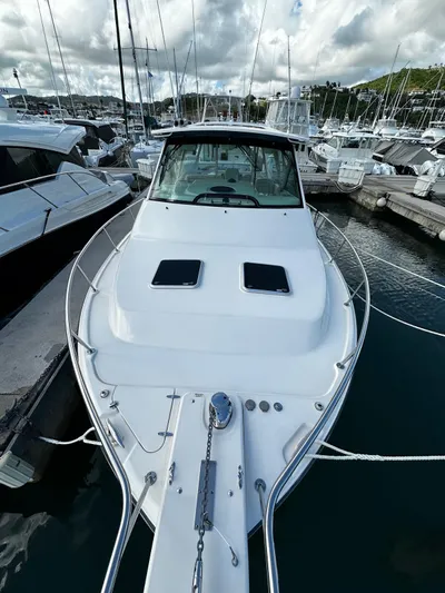  Yacht Photos Pics 2021 Grady-White Express 370 boat docked in marina, front view.