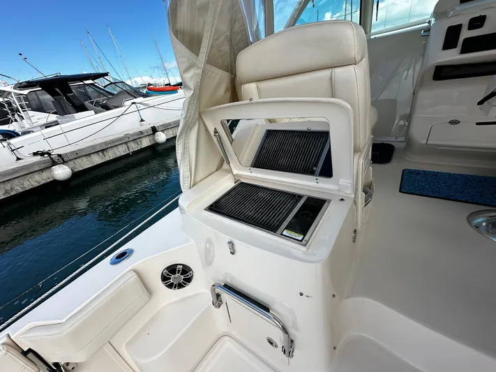  Yacht Photos Pics 2021 Grady-White Express 370 boat interior with seating and dock view.