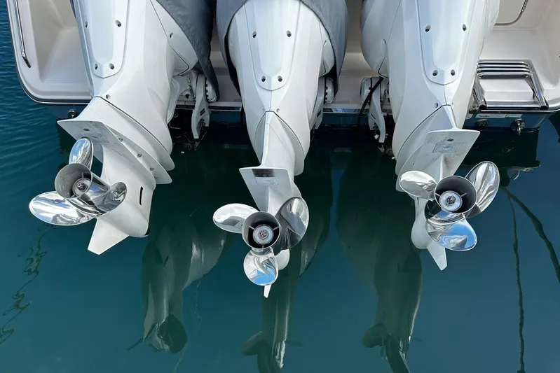  Yacht Photos Pics Triple outboard motors on 2021 Grady-White Express 370 boat.