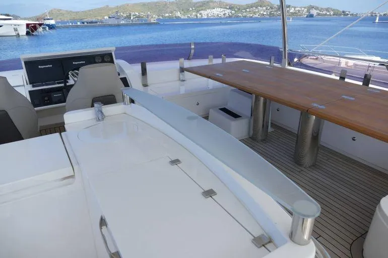  Yacht Photos Pics Flybridge of 2016 Princess 72 Yacht with seating and table, overlooking serene waters.