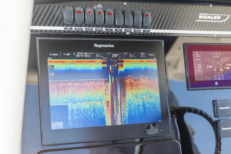  Yacht Photos Pics Raymarine display on 2017 Boston Whaler 350 Outrage, showing sonar and navigation data.