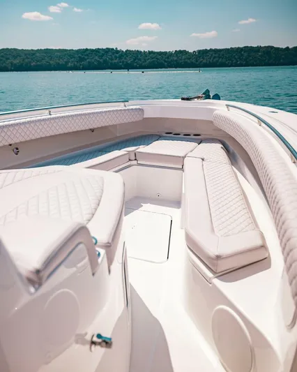  Yacht Photos Pics 2024 HCB 42 Lujo boat with luxurious seating on a serene lake.