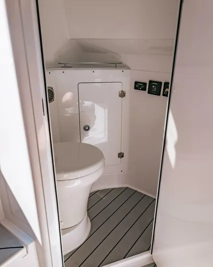  Yacht Photos Pics 2024 HCB 42 Lujo boat interior with modern bathroom design and sleek fixtures.