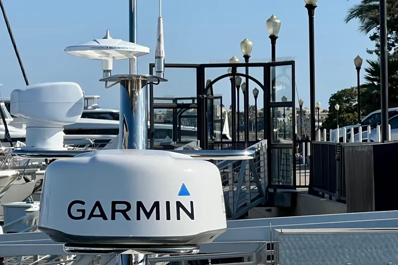Kala Yacht Photos Pics Garmin radar on 2018 Nimbus 365 Coupe yacht at marina dock.