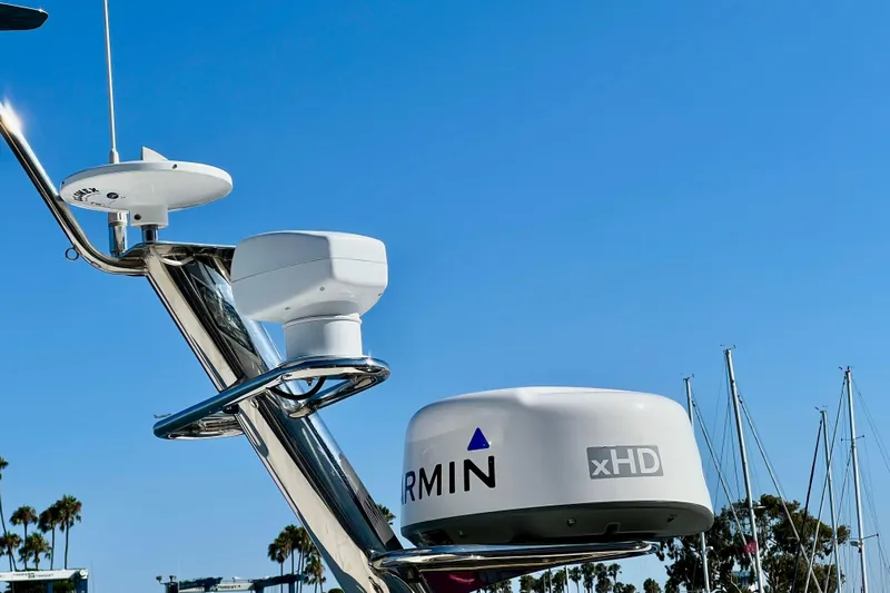 Kala Yacht Photos Pics Radar equipment on a 2018 Nimbus 365 Coupe against a clear blue sky.