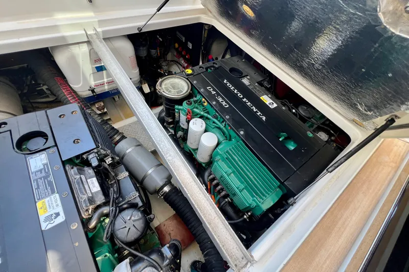 Kala Yacht Photos Pics Engine compartment of 2018 Nimbus 365 Coupe featuring Volvo Penta D4-300 engine.