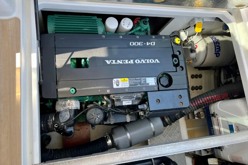 Kala Yacht Photos Pics Engine compartment of a 2018 Nimbus 365 Coupe featuring a Volvo Penta D4-300 engine.
