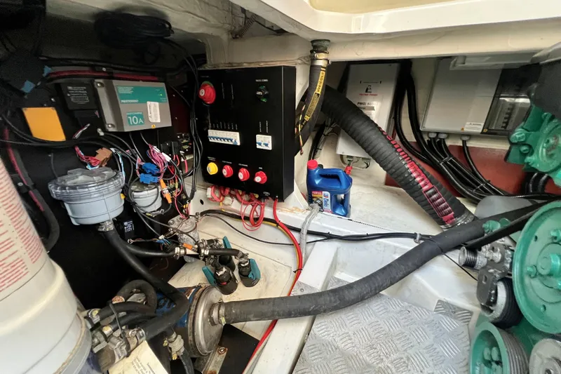 Kala Yacht Photos Pics Engine room of a 2018 Nimbus 365 Coupe with various mechanical components.