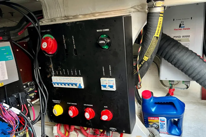 Kala Yacht Photos Pics Electrical panel and components inside a 2018 Nimbus 365 Coupe boat engine room.