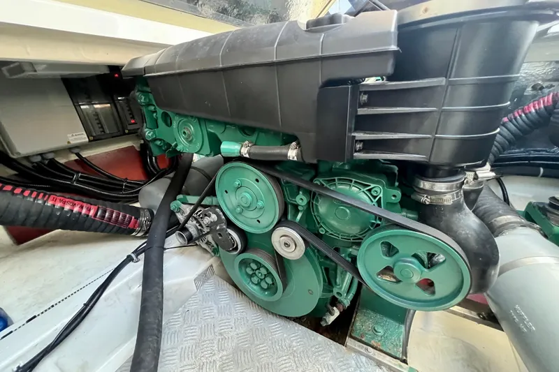 Kala Yacht Photos Pics Engine compartment of a 2018 Nimbus 365 Coupe, showcasing mechanical components and belts.