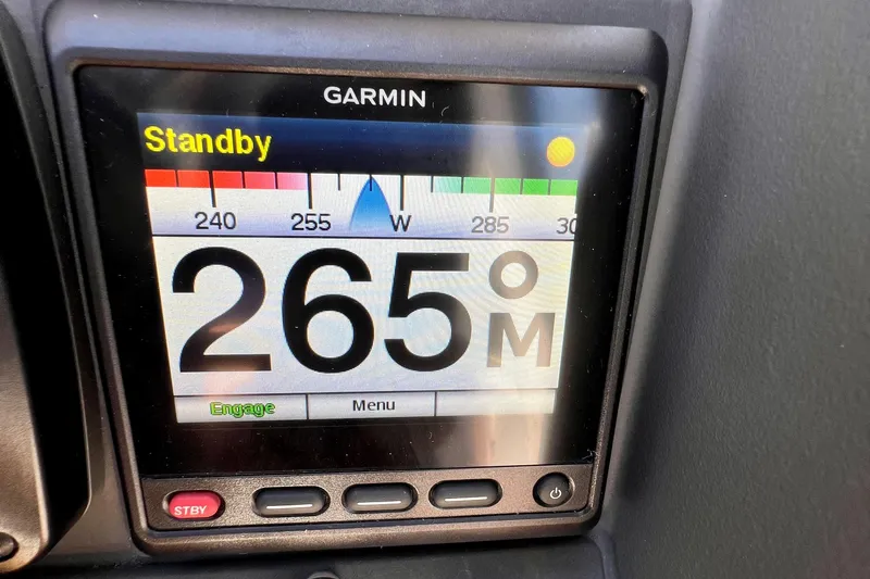 Kala Yacht Photos Pics Garmin navigation display showing 265 degrees on a 2018 Nimbus 365 Coupe.
