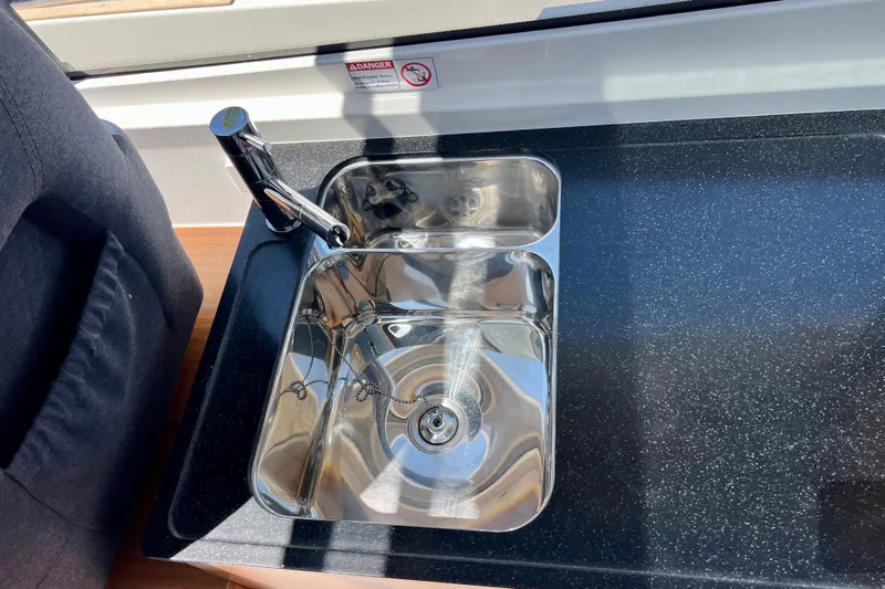 Kala Yacht Photos Pics Stainless steel sink in 2018 Nimbus 365 Coupe boat kitchen.