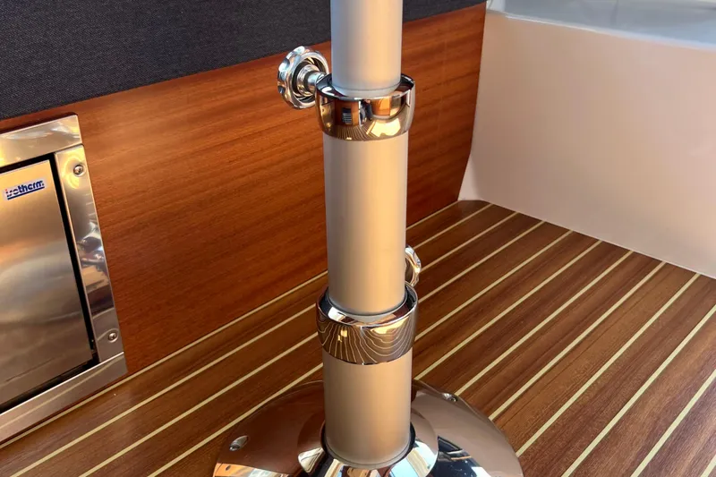 Kala Yacht Photos Pics Interior of 2018 Nimbus 365 Coupe with polished metal and wood finish.