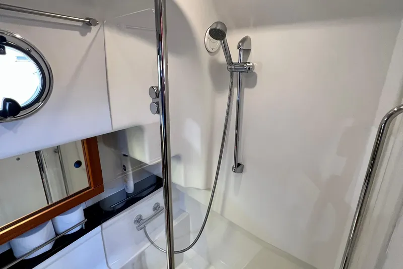 Kala Yacht Photos Pics Modern shower area in 2018 Nimbus 365 Coupe yacht bathroom.