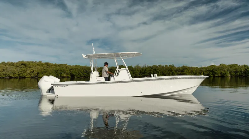 New Build Yacht Photos Pics 2024 Birdsall 30 boat on calm water with lush green background.