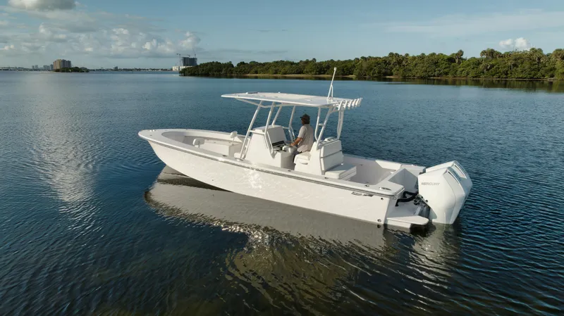 New Build Yacht Photos Pics 2024 Birdsall 30 boat cruising on a calm lake with scenic background.