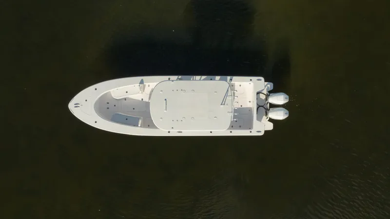 New Build Yacht Photos Pics Aerial view of 2024 Birdsall 30 boat with twin engines.