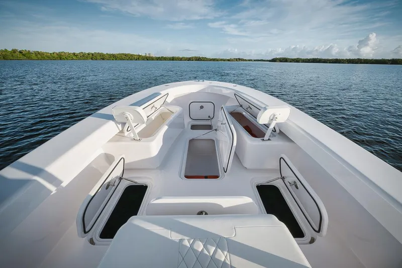 New Build Yacht Photos Pics 2024 Birdsall 30 boat interior on a serene lake.