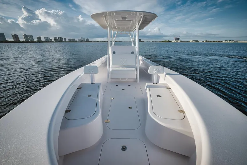 New Build Yacht Photos Pics 2024 Birdsall 30 boat on calm water with city skyline in background.