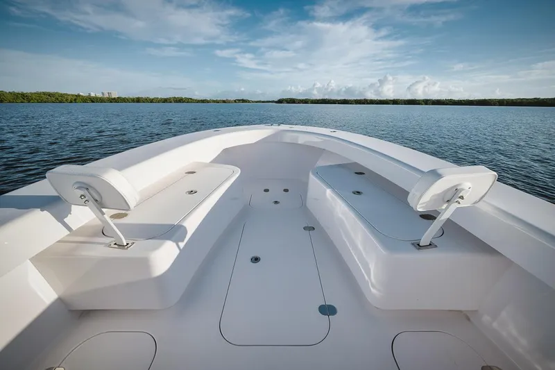 New Build Yacht Photos Pics 2024 Birdsall 30 boat interior with seating, on calm water.