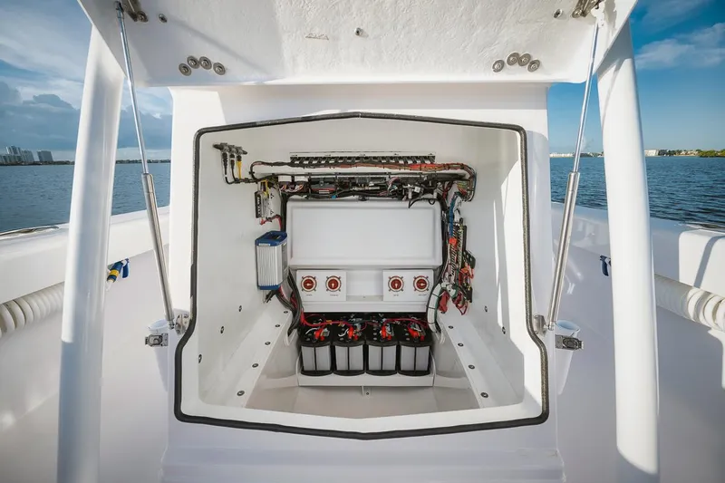 New Build Yacht Photos Pics Birdsall 30 2024 boat electrical compartment with wiring and batteries.
