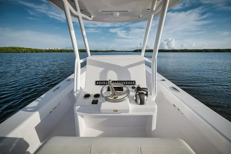 New Build Yacht Photos Pics 2024 Birdsall 30 boat helm station on calm water.