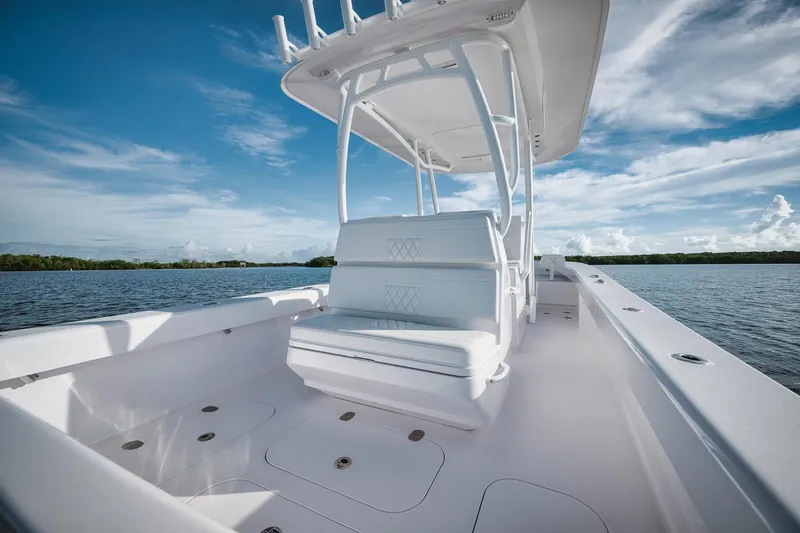 New Build Yacht Photos Pics 2024 Birdsall 30 boat with white seating and open deck on a sunny day.