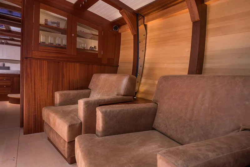 Gwenhyfar II Yacht Photos Pics Luxurious interior of 2023 Spirit Yachts C72 with leather seating and wooden finishes.