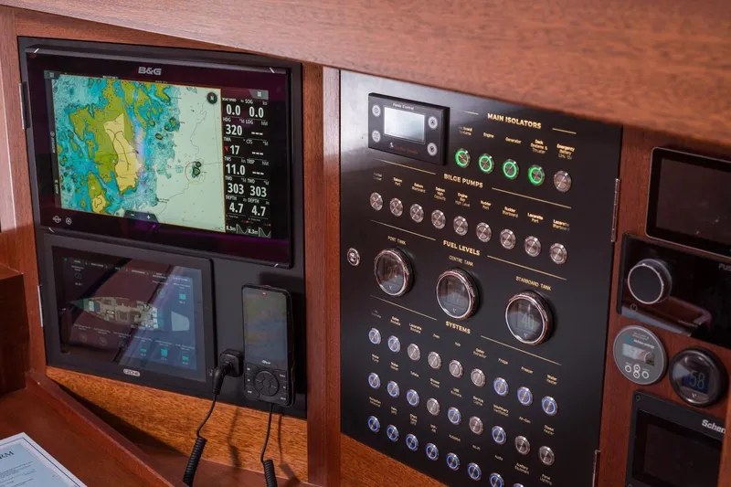 Gwenhyfar II Yacht Photos Pics Control panel of 2023 Spirit Yachts C72, featuring navigation and system displays.