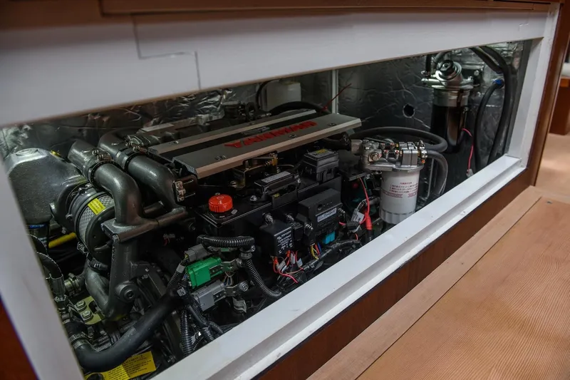 Gwenhyfar II Yacht Photos Pics Engine compartment of 2023 Spirit Yachts C72, showcasing detailed mechanical components.