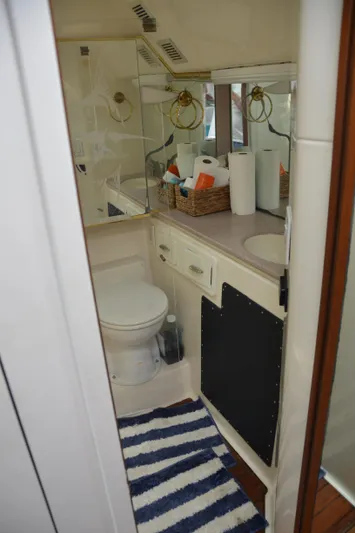 Double Trouble Yacht Photos Pics Bathroom interior of 1992 Tiara Yachts 43 Open, featuring toilet, sink, and striped rug.