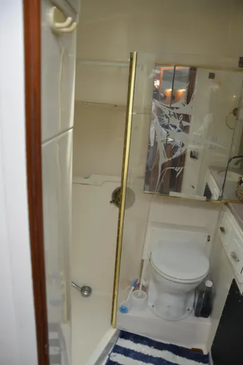 Double Trouble Yacht Photos Pics Bathroom interior of 1992 Tiara Yachts 43 Open, featuring shower and toilet.