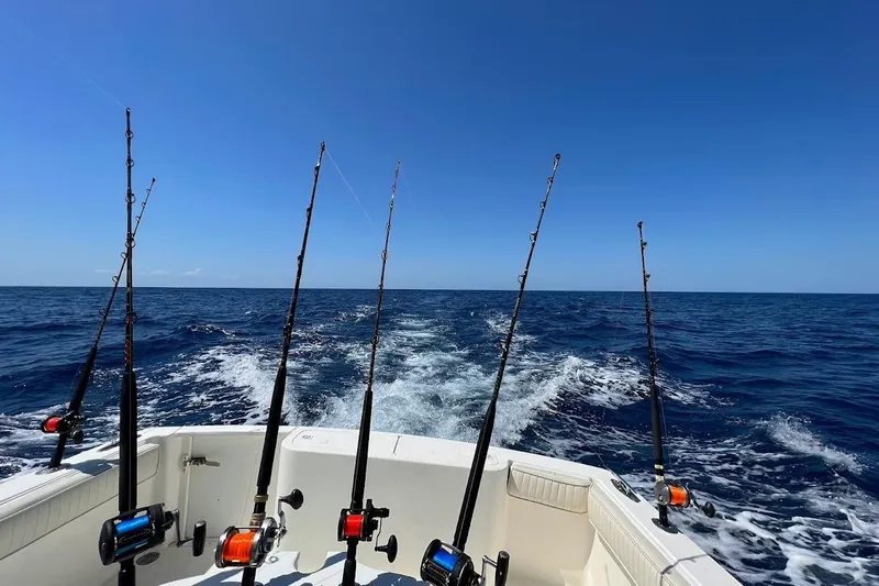 Black Bart Yacht Photos Pics Fishing rods on a 1998 Henriques 28 Express boat, ocean view.