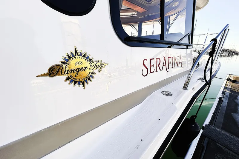 Serafina Yacht Photos Pics 2019 Ranger Tugs R-29 CB boat docked, featuring "Serafina" name and logo.