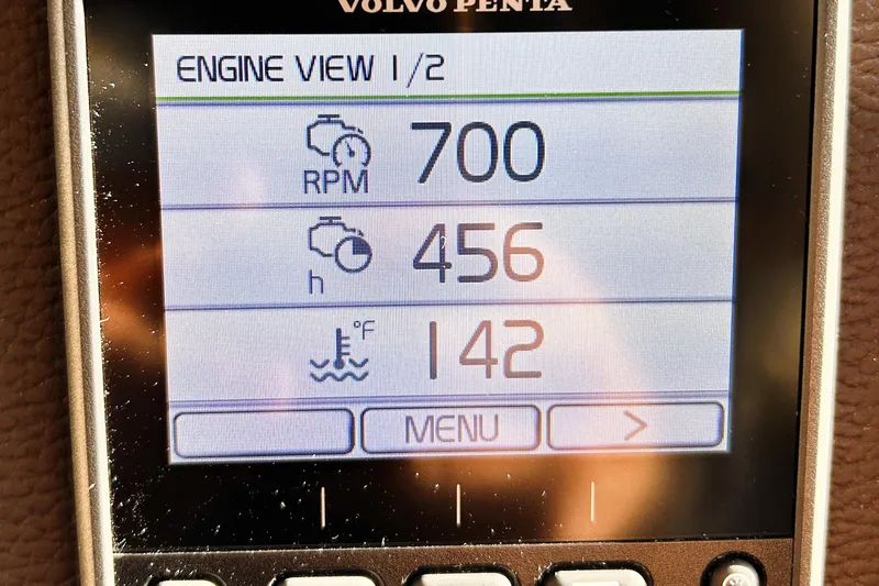 Serafina Yacht Photos Pics Volvo Penta engine display showing RPM, hours, and temperature on Ranger Tugs R-29 CB, 2019.