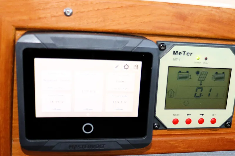 Serafina Yacht Photos Pics Control panel of a 2019 Ranger Tugs R-29 CB boat, featuring Mastervolt and MeTer displays.