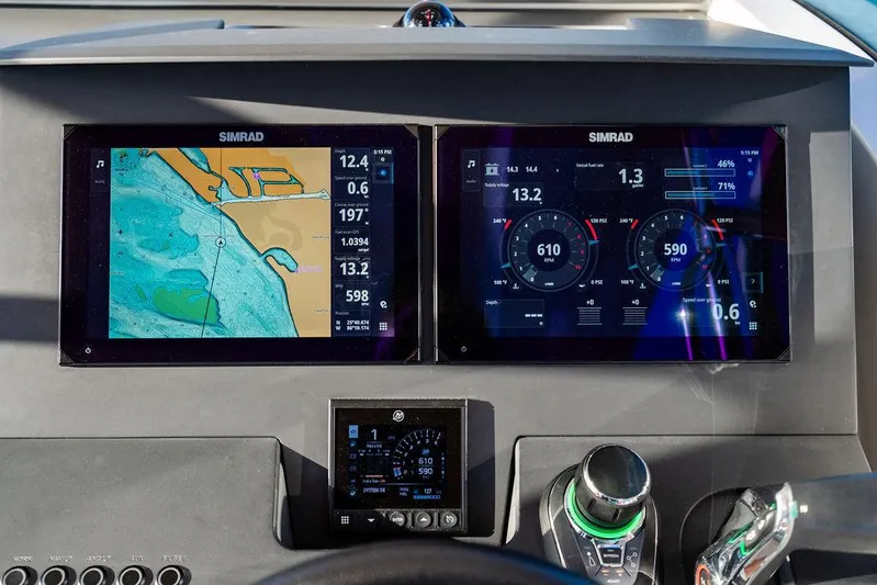 Volare Yacht Photos Pics Dashboard of 2023 Nimbus T11 with dual Simrad navigation displays.