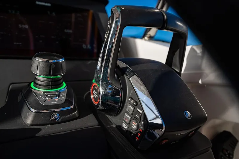 Volare Yacht Photos Pics 2023 Nimbus T11 boat controls with joystick and throttle lever.