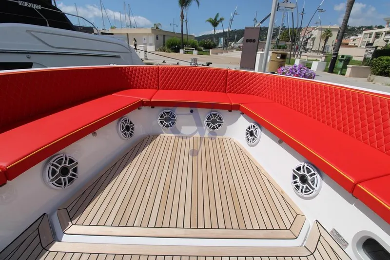 S Yacht Photos Pics 2024 Frauscher 1414 Demon Air boat with red seating and teak deck.