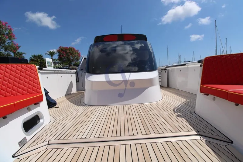 S Yacht Photos Pics 2024 Frauscher 1414 Demon Air luxury yacht with red seating and sleek design.