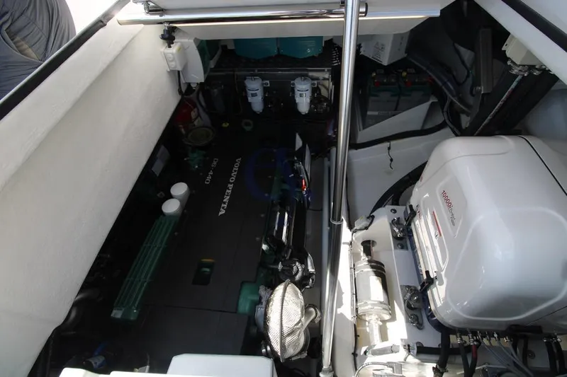S Yacht Photos Pics Engine compartment of 2024 Frauscher 1414 Demon Air with Volvo Penta engine.