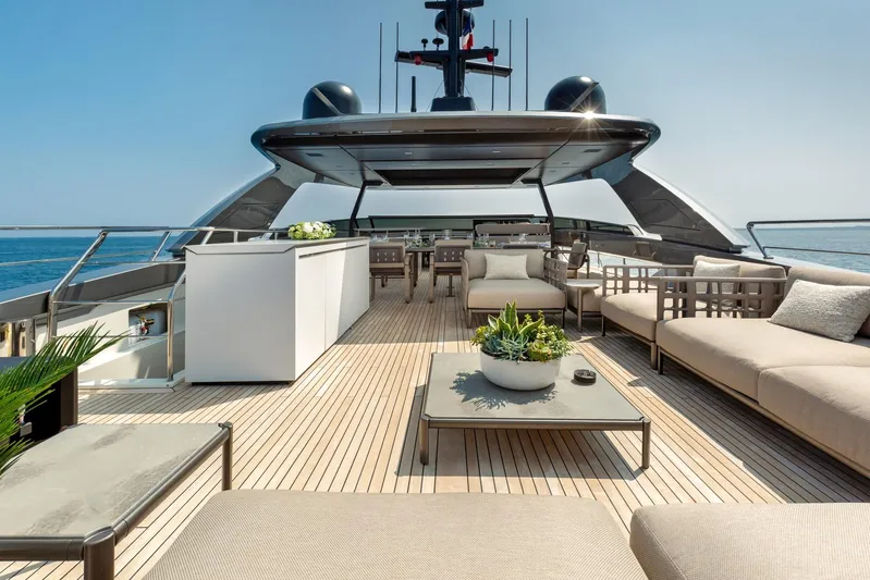 Nangara Yacht Photos Pics Luxurious deck of 2024 Sanlorenzo SL 106 Asymmetric yacht with elegant seating and ocean view.