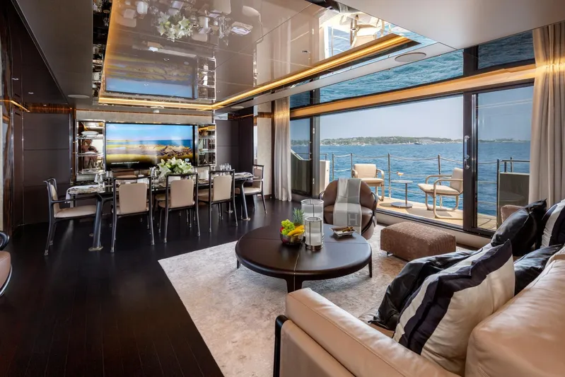 Nangara Yacht Photos Pics Luxurious interior of 2024 Sanlorenzo SL 106 Asymmetric yacht with ocean view.