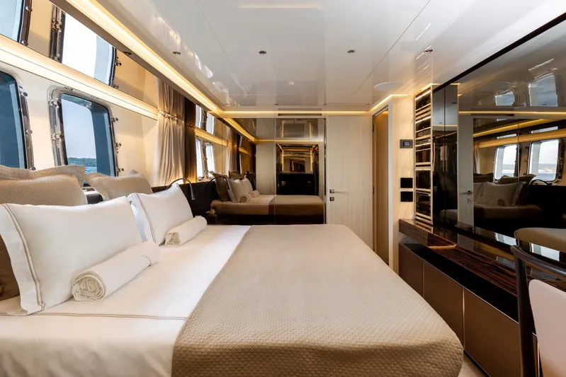 Nangara Yacht Photos Pics Luxurious bedroom interior of 2024 Sanlorenzo SL 106 Asymmetric yacht, featuring elegant design and large windows.