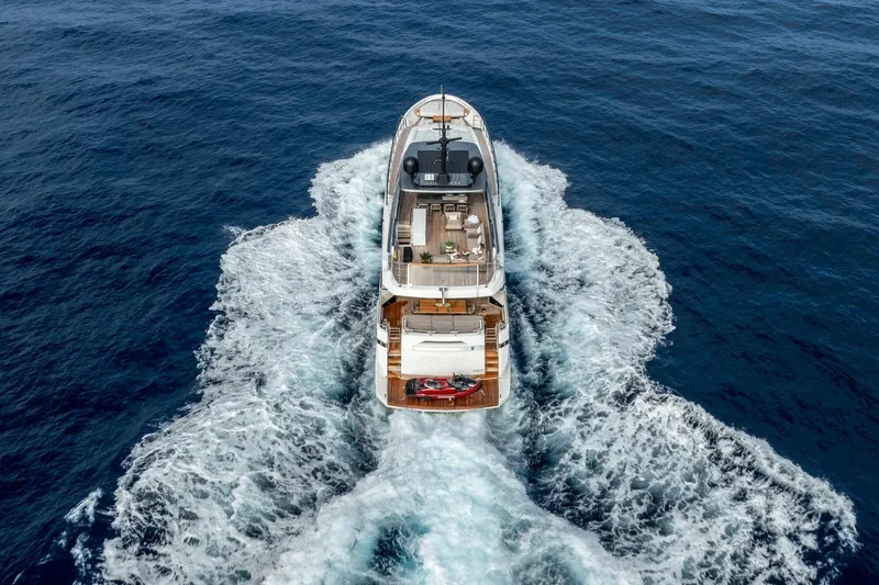Nangara Yacht Photos Pics 2024 Sanlorenzo SL 106 Asymmetric yacht cruising on open sea, aerial view.