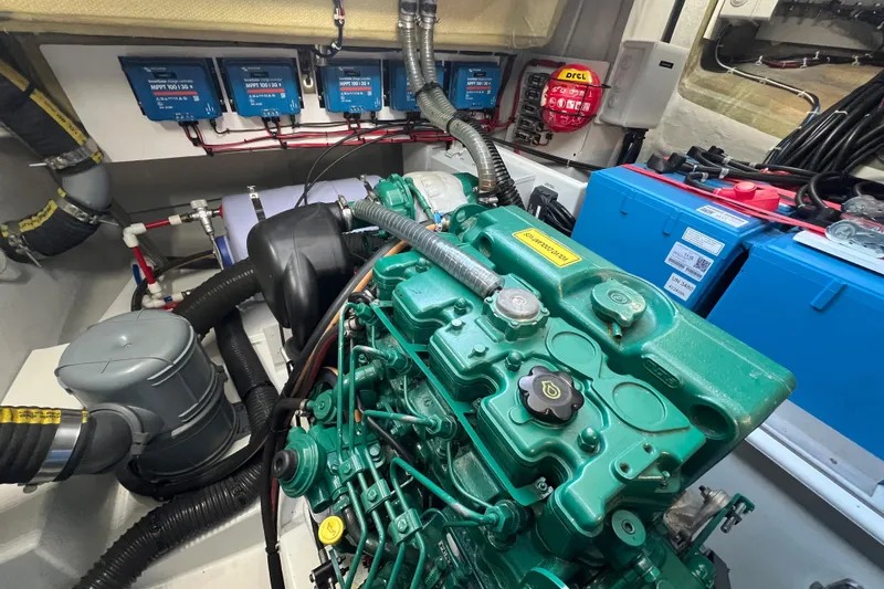 Aria Yacht Photos Pics Engine room of 2023 Fountaine Pajot Elba 45 Catamaran with visible machinery and components.