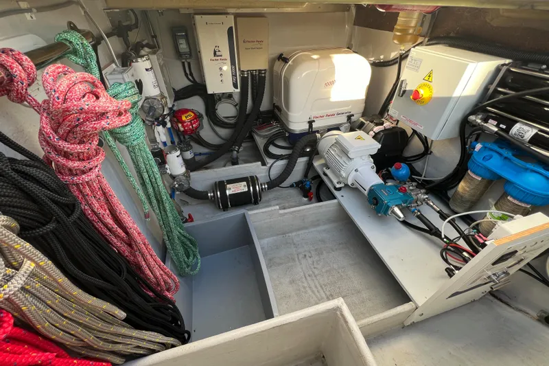 Aria Yacht Photos Pics Engine room of 2023 Fountaine Pajot Elba 45 Catamaran with ropes and equipment.